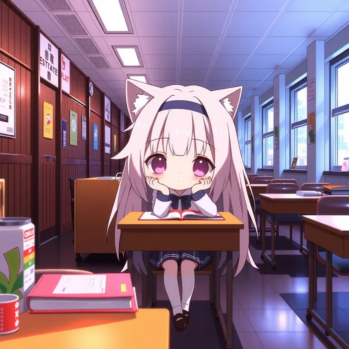 School time - My, Anime, Anime art, Stable diffusion, Neural network art, White hair, Loli, Neko, Longpost