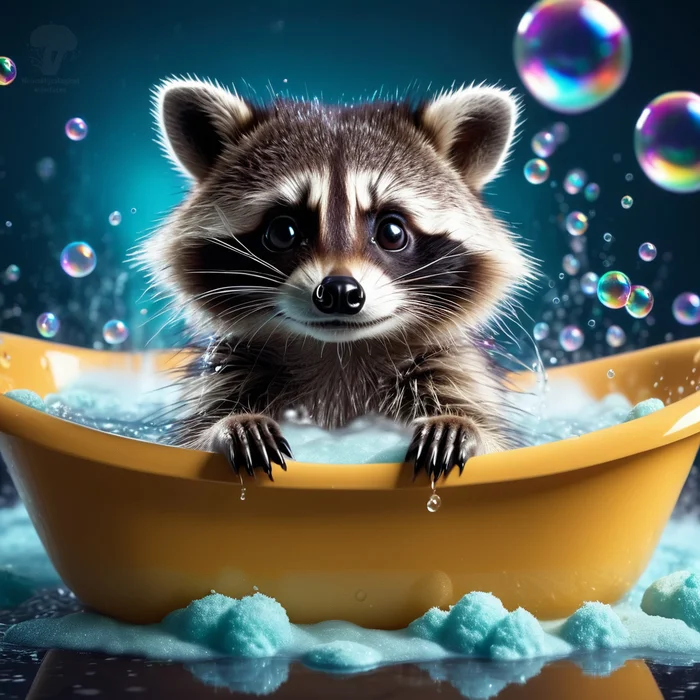 Happy Warm Water Day! - My, Neural network art, Chatgpt, Stable diffusion, Art, 2D, Raccoon, Bath, Hot water, Postcard, Absurd