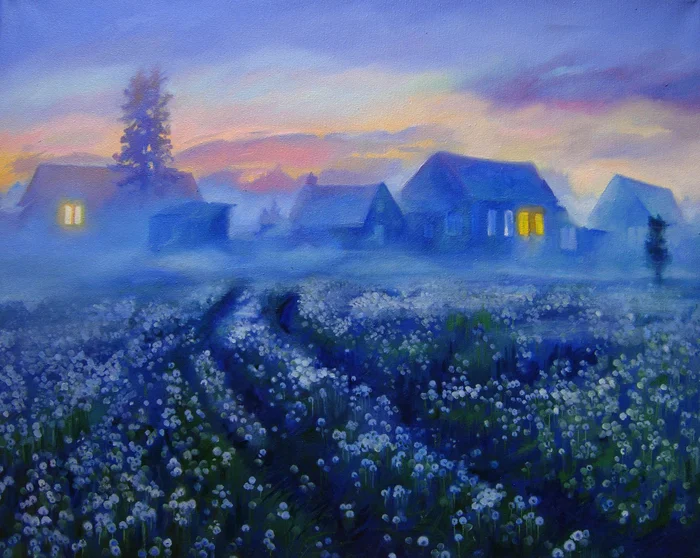 Summer fog - My, Landscape, Oil painting, Summer, Art, Dandelion, Village, Field, Creation