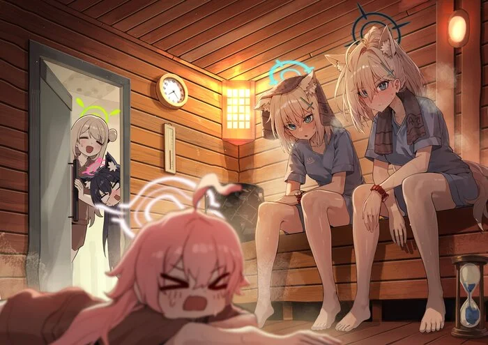 Soaking in the sauna - Anime, Anime art, Girls, Games, Blue archive, Sunaookami shiroko, Shiroko Terror, Takanashi Hoshino, Kuromi Serika, Izayoi Nonomi, Sauna, Animal ears, Kokukyukeo, Art