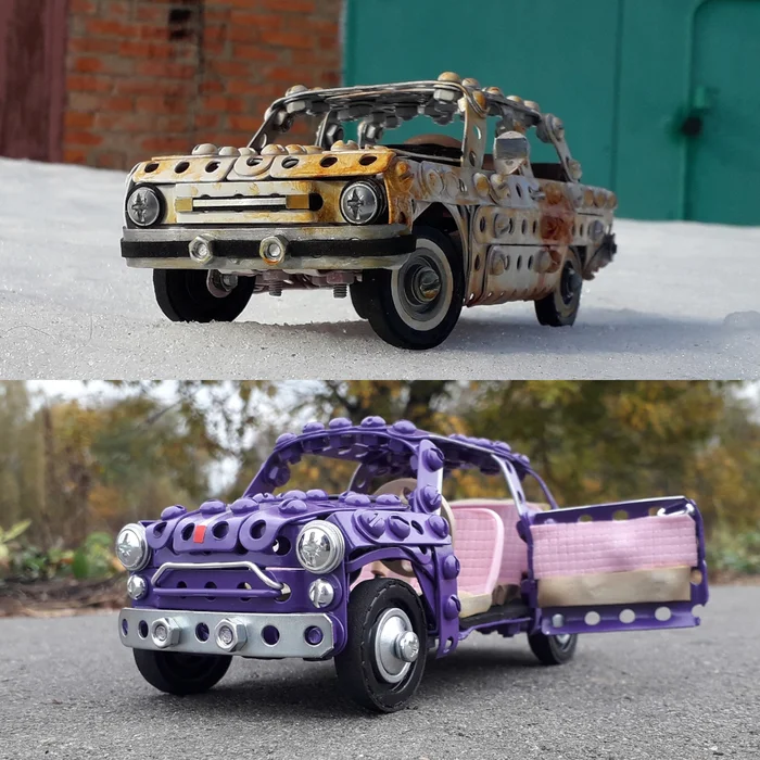 ZAZ-968M, ZAZ-965 made of metal construction set, wire, rubber and cardboard - My, Zaporozhets, Rust, Modeling, Scale model, Retro car