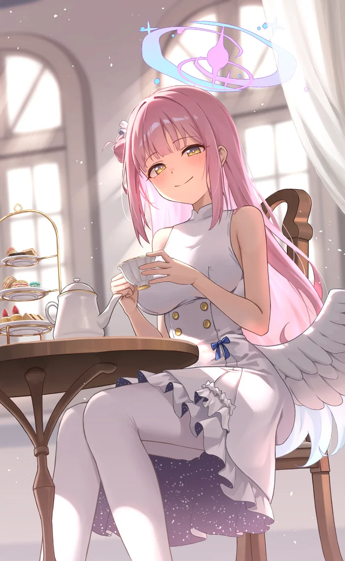 Afternoon tea - Anime, Anime art, Girls, Games, Blue archive, Misono Mika, Art, Wings, Tea, Cake, Food, Tights