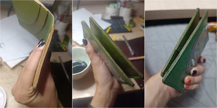 Полируем на воду (помним, кожа пластичный материал), красим в зеленый, еще раз полируем и еще раз красим