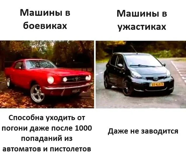 How much does the quality of cars differ? - Humor, Picture with text, Car, Movies, Боевики, Horror, Repeat, Telegram (link)