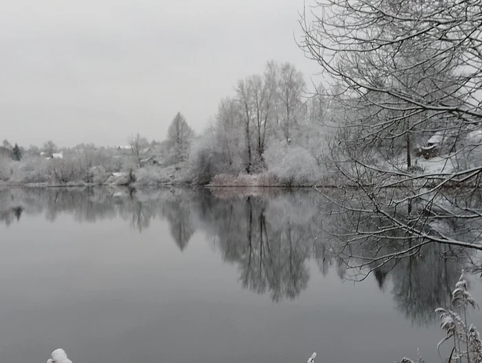 Mirror! - My, The photo, Sky, Mobile photography, Lake, Snow, Winter, Pond, Reflection