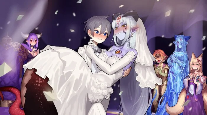 Ah, this wedding! - Monster girl, Anime art, Girl with Horns, Lamia, Anime