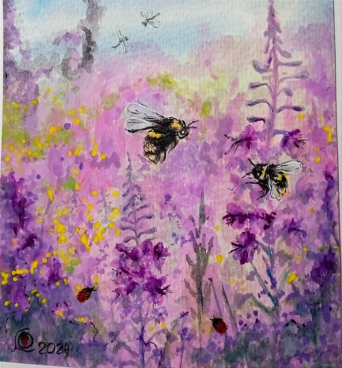 Miniature 13x13 cm. Bumblebees and Ivan-tea - My, Bumblebee, Painting, Author's painting