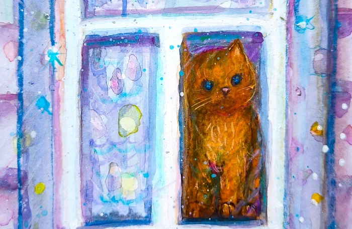 Watch the snowfall - My, Watercolor, cat, Window, Snow, Winter, Story