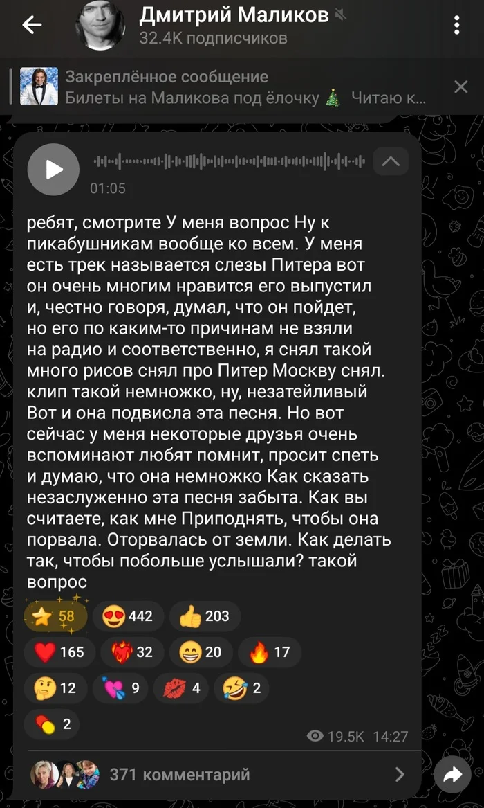 Let's help Dmitry Malikov - No rating, Dmitry Malikov, Music, Pick-up headphones, Telegram, The strength of the Peekaboo, Help, Telegram (link), Screenshot, A wave of posts