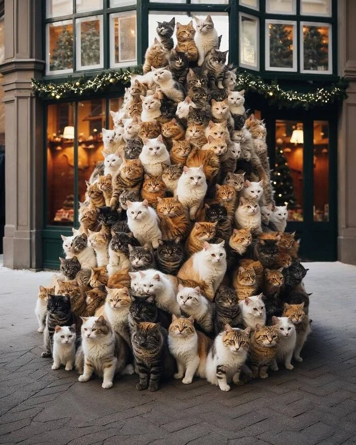 A strong and independent tree - cat, Pet the cat, Fat cats, New Year, Christmas tree, Christmas trees, Neural network art, Repeat