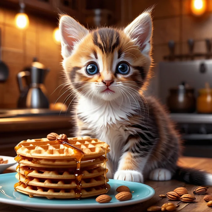 Happy Nutty Waffle Day! - My, Neural network art, Chatgpt, Stable diffusion, Art, 2D, Waffles, Nuts, Syrup, cat, Postcard, Absurd