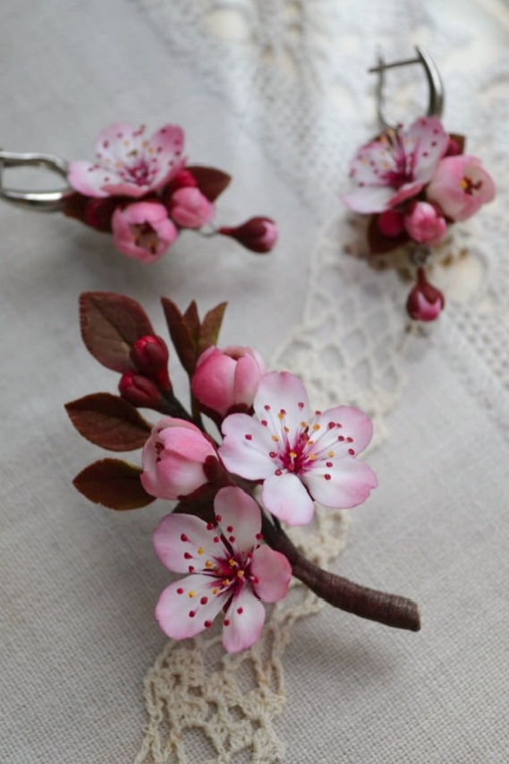 Cherry blossoms made of polymer clay - My, Handmade, Polymer clay, Лепка, Needlework without process, Flowers, beauty, Bijouterie, Longpost