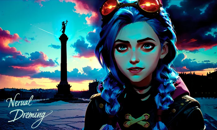 Jinx from Arcane in St. Petersburg - My, Neural network art, Arcane, Jinx, Stable diffusion, Artificial Intelligence, Нейронные сети, Colorful hair, League of legends, Art, Saint Petersburg, Palace Square