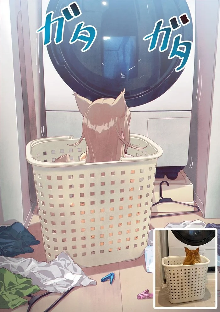 Kinako and washing - 40hara, Art, Anime, Anime art, Kinako, Animal ears, Neko, Tail, Longpost