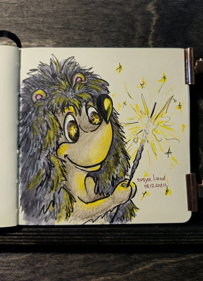 Fire - My, Hedgehog, Bengal lights, Sketch, Colour pencils, Alcohol markers, Creation, Drawing