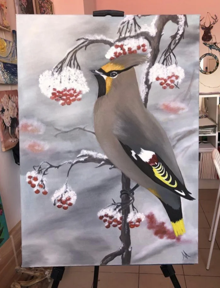 Waxwing, winter) - My, Author's painting, Painting, Painting, Canvas, Oil painting, Winter, Birds, Longpost