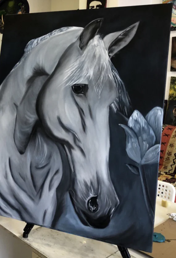 Sad horse) - My, Painting, Author's painting, Canvas, Oil painting, Horses, Painting, Longpost