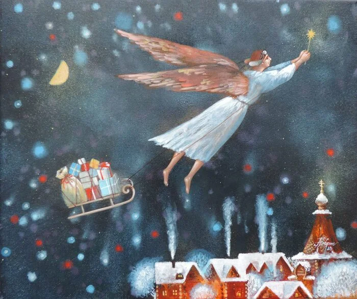 Flying Among the Stars - My, Modern Art, Art, Painting, Art, New Year, Winter, Angel, Presents, Canvas, Author's painting, Tempera, Temple, Church, Village, Izba, moon, Night, Stars