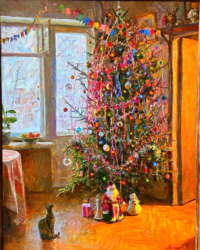 Cat and Christmas tree - Painting, Artist, Art, Painting, Drawing