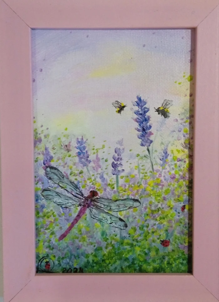 Dragonfly, lavender, bees - My, Oil painting, Lavender, Dragonfly, Miniature, Author's painting, Longpost