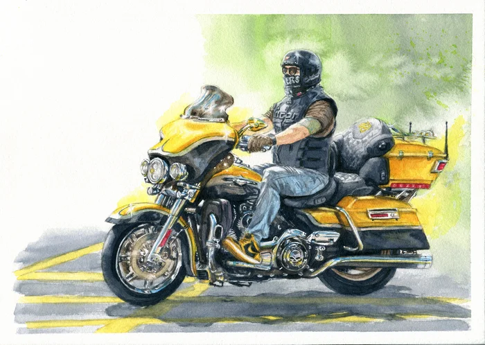 On a yellow Harley - My, Painting, Watercolor, Drawing, Motorcyclists, Moto, Vertical video, Presents, Video, Longpost