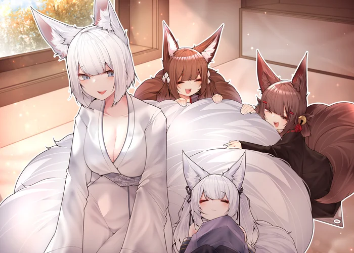 Continuation of the post Scamps - Samip, Art, Anime, Anime art, Azur lane, Animal ears, Tail, Kitsune, Amagi, Akagi, Kaga, Reply to post