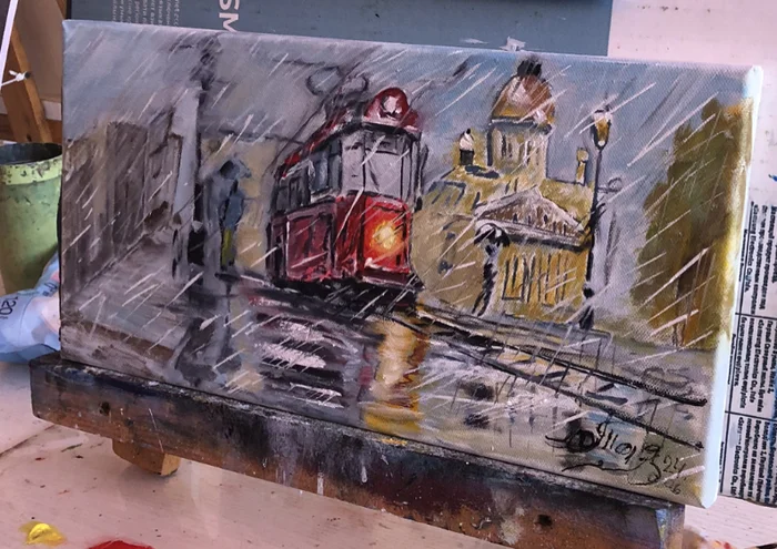 Tram with oil) - My, Painting, Author's painting, Canvas, Painting, Oil painting, Tram