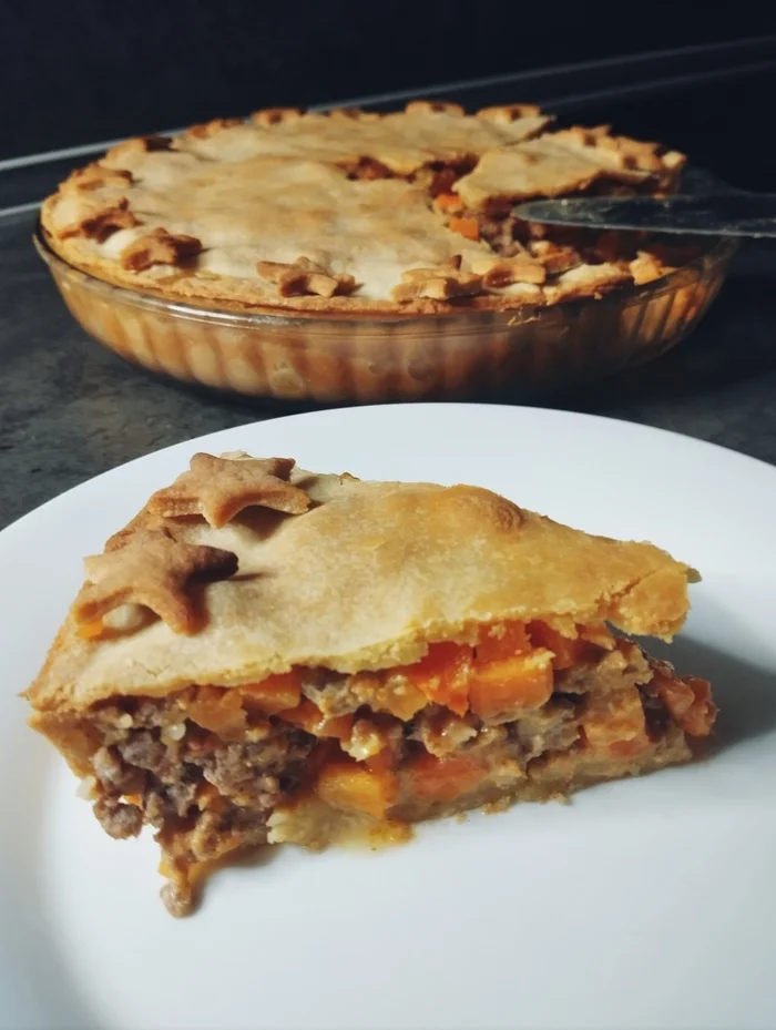 Sweet Potato, Mince and Bacon Pie - My, Bakery products, Recipe, Pie, Shortcrust pastry, Sweet potato, Bacon, Longpost, Food, Preparation