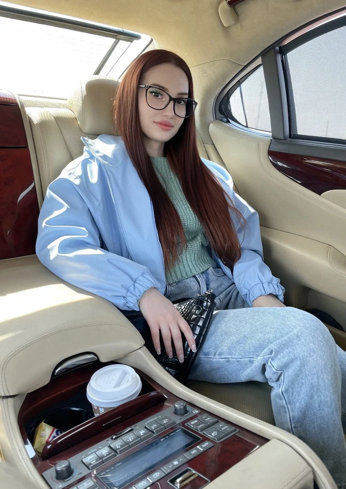 Have a wonderful day and a wonderful week! - My, Girls, Long hair, Glasses, Girl in glasses, Good mood, Joy, Happiness, Car, Coffee, Pullover, Jeans, Lexus