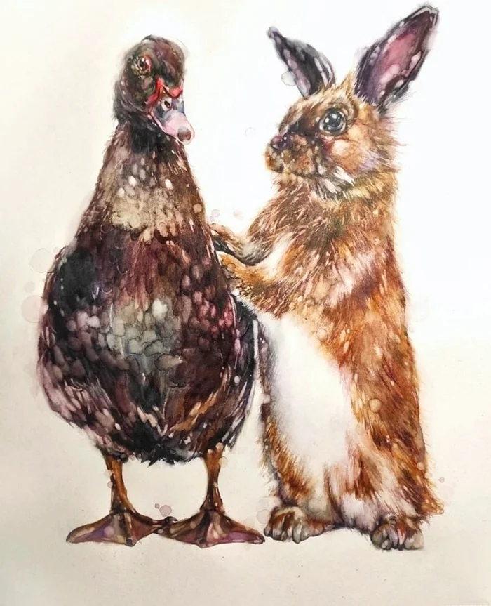 Rabbit and duck - My, Watercolor, Drawing, Rabbit, Duck, Animalistics, Creation, Hobby