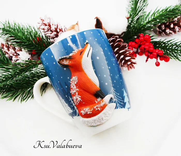 Fox and snow - My, Fox, Handmade, With your own hands, Needlework without process, Needlework, New Year, Presents, Snow, Mug with decor