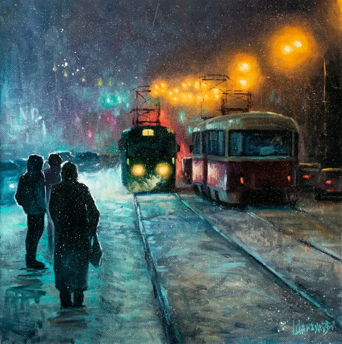 Winter trams in my painting - My, Art, Drawing, Creation, Landscape, Painting, Tram