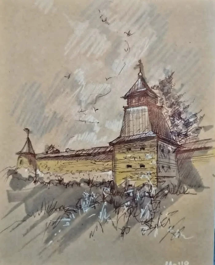 Pechory - My, Sketchbook, Sketch, Graphics, Drawing, Colour pencils, Liner, Watercolor, Traditional art, Pen drawing, Sketch, Longpost, Pskov region, Pechora