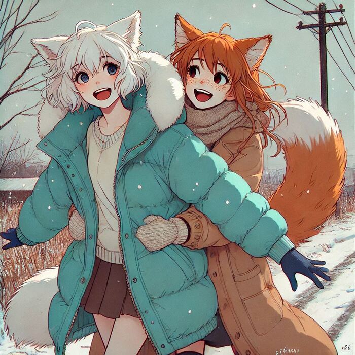 Post #12127257 - My, Art, Neural network art, Нейронные сети, Girls, Anime, Anime art, Original character, Kitsune, Animal ears, Tail, Snow, Winter, Ginger & White, Longpost