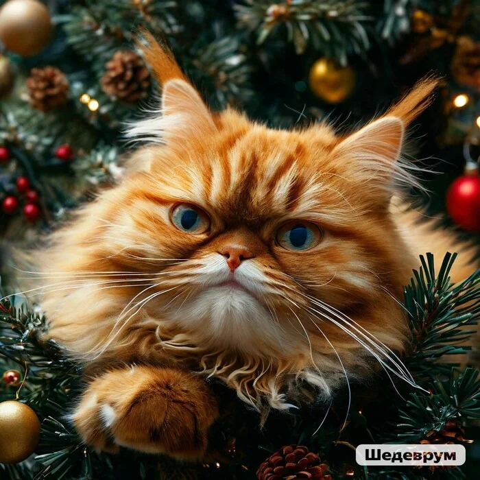 Cat and tree - New Year's classic - My, Neural network art, Pet the cat, Masterpiece (Yandex), New Year, Christmas tree, Longpost, cat, Fluffy