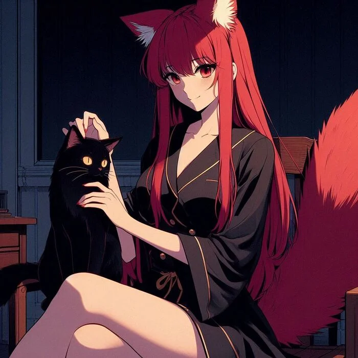 Mona and the Night - My, Neural network art, Нейронные сети, Art, Girls, Anime, Anime art, Original character, Kitsune, Animal ears, cat, Ginger & White, Longpost