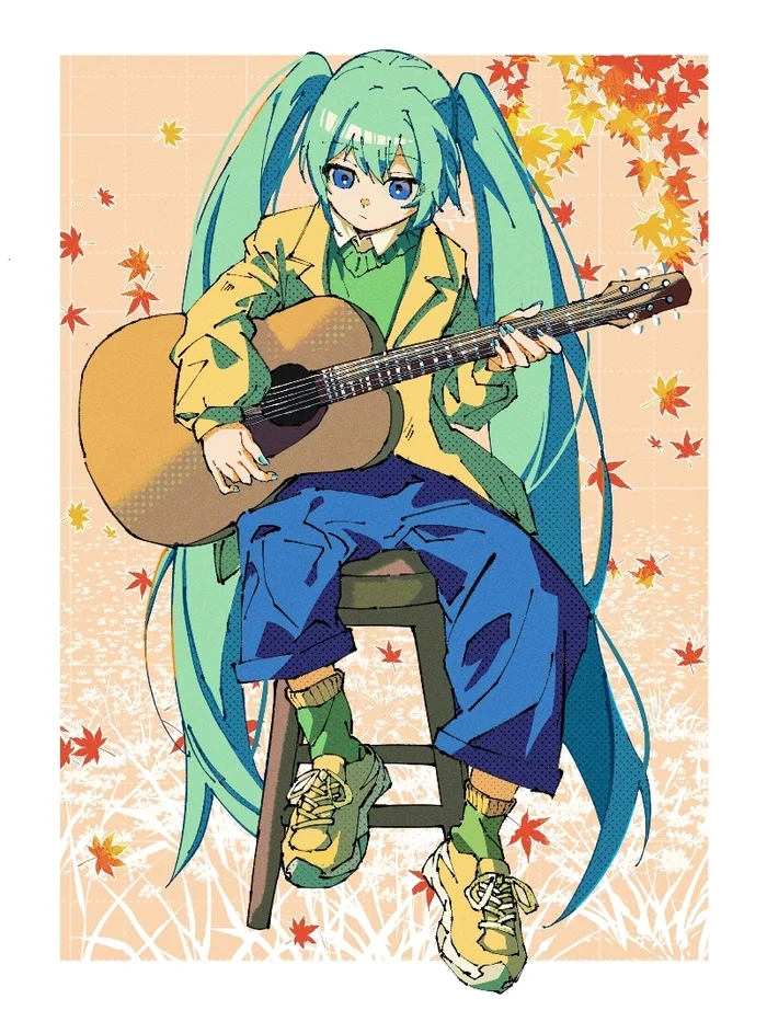 Autumn Blues - Hatsune Miku, Vocaloid, Anime art, Vocaloid Art, Guitar, Autumn leaves