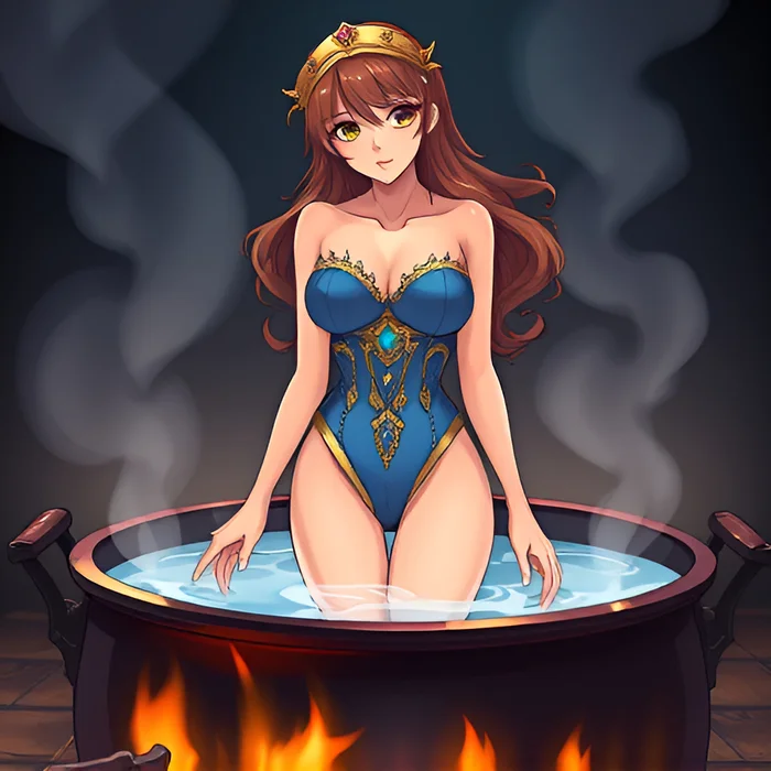 Girls in boiling water - Bathing, Swimsuit, Girls, Anime, Art, Boiler, Boiling water, Fire, Women