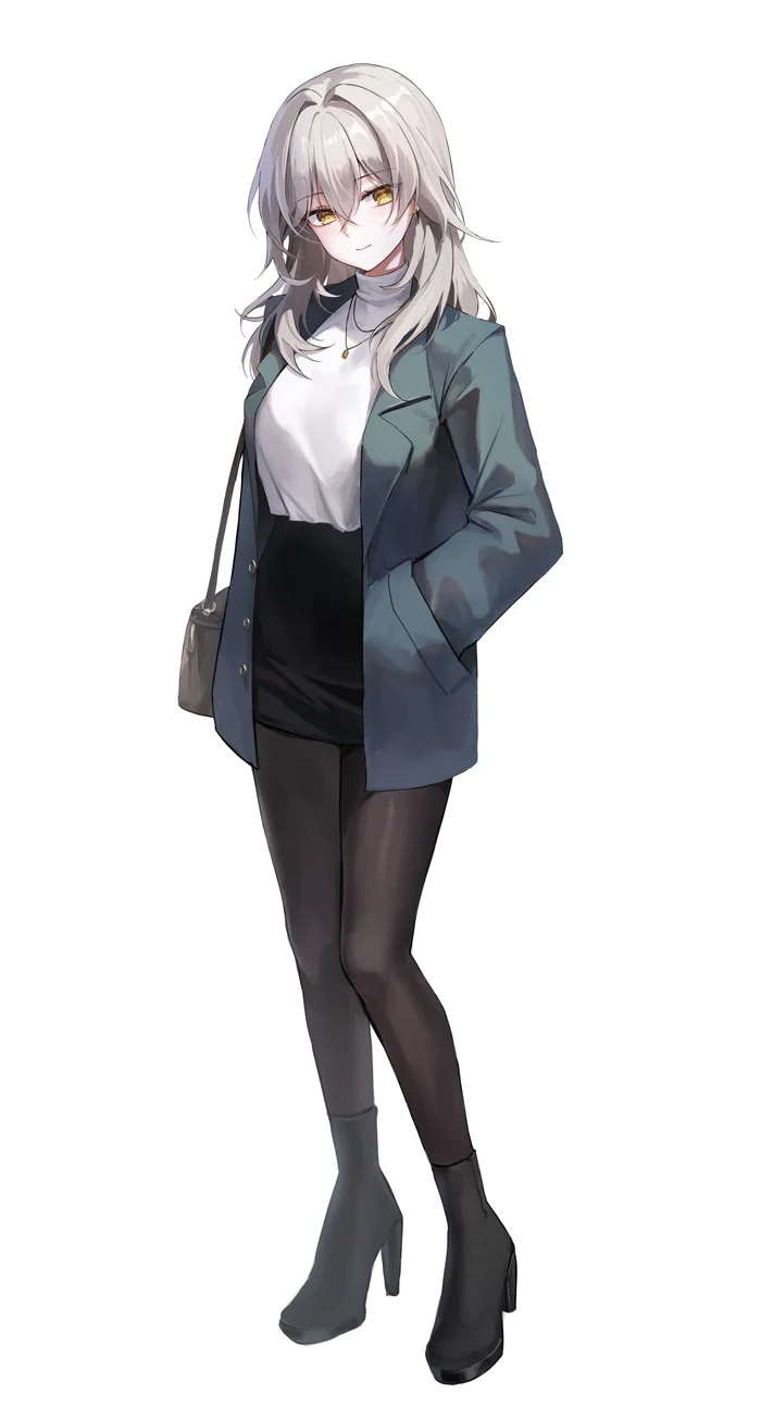 Stelle #006 - Anime, Anime art, Honkai: Star Rail, Stelle (Honkai: Star Rail), Girls, Tights, High heels, Сумка, Jacket, Skirt, White background, Smile