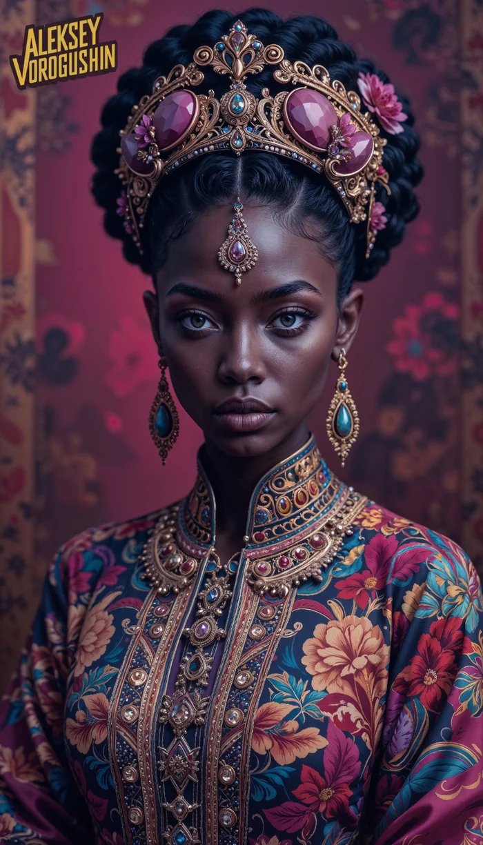 Neuroartist: Vorogushin Alexey Gennadievich. African woman in ethnic jewelry and clothing. AI artist - My, Dall-e, Digital, Нейронные сети, Phone wallpaper, Neural network art, Art, Computer graphics, Desktop wallpaper, Modern Art, Women, Girls, The dress, Africans, Africa, Artist, Cover, Artificial Intelligence, Digital drawing, The photo, Realism