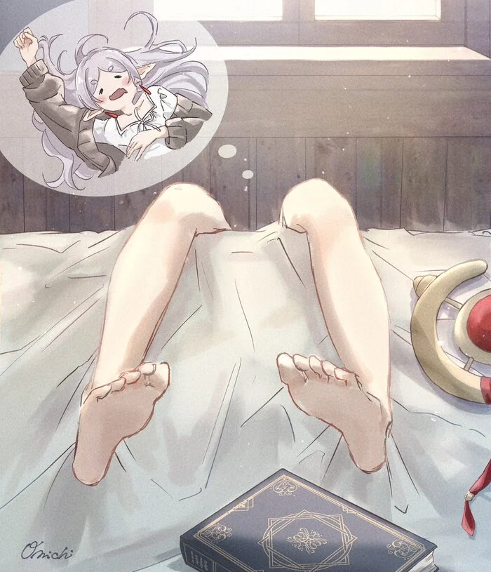 Do not tilt or turn over! - Anime, Anime art, Frieren, Sousou no Frieren, Legs, Bed, Staff, Grimoire, Dream, Elves, Art