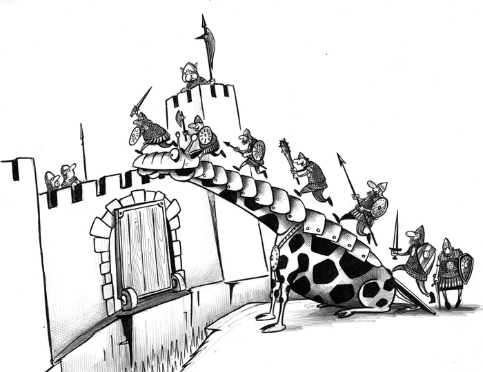 Tactics of using combat giraffes - My, Sergey Korsun, Caricature, Graphics, Pen drawing, Giraffe, Storm, Lock, Fortress, Wall