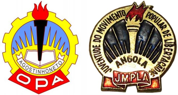 Эмблема пионерской организации Анголы (слева) и значок Молодёжи партии (справа)