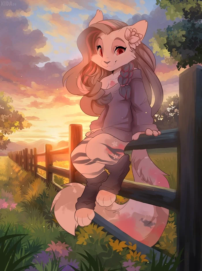 Kitty - Furry, Kida, Furry feline, Furry cat, Summer, Fence, Sunset, Furry art, Art, VKontakte (link)