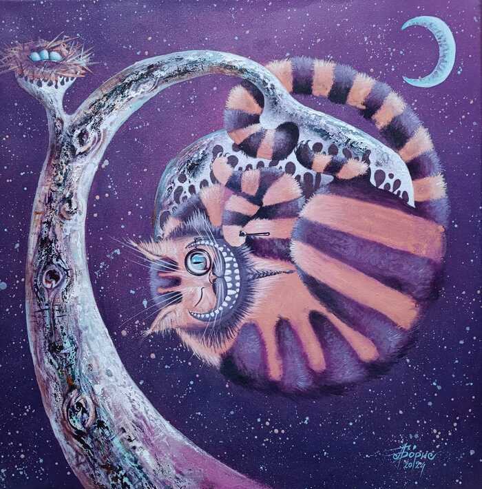 Czechik - My, Art, Modern Art, Painting, Art, Fantasy, Cheshire Cat, Cheshire, Alice in Wonderland, Lewis Carroll, cat, moon, Canvas, Surrealism, Author's painting, Tempera, Nest, Monocle, Month