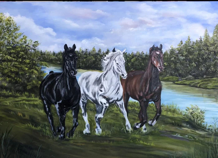 Troika) - My, Author's painting, Painting, Oil painting, Painting, Canvas, Horses, Longpost