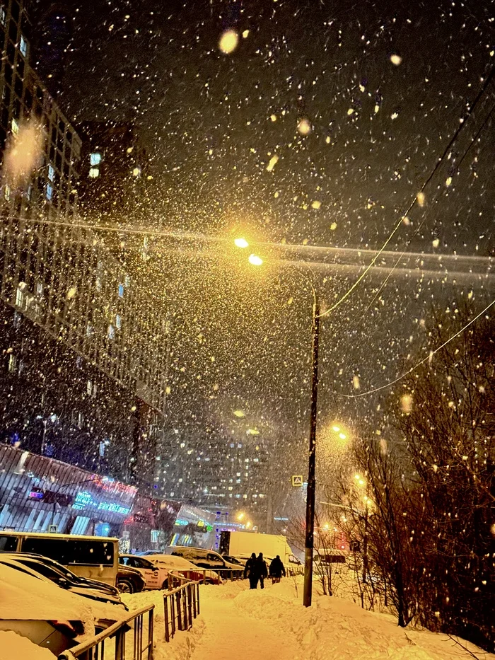 Photo of snowflakes - My, Mobile photography, Snow, Evening