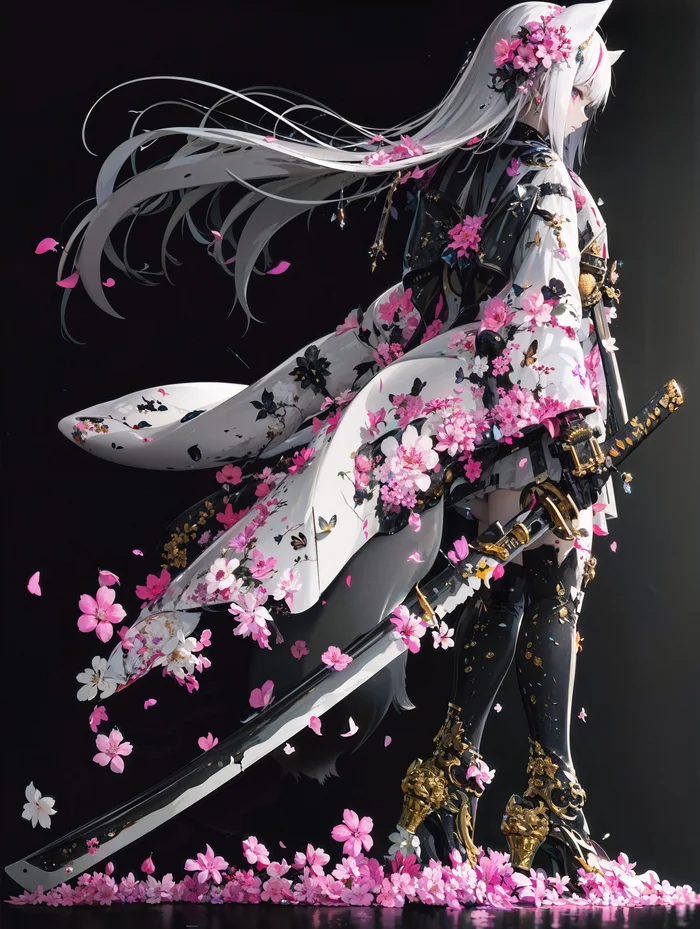 Post #12124612 - Anime, Anime art, Neural network art, Animal ears, Girls, Katana, Sakura