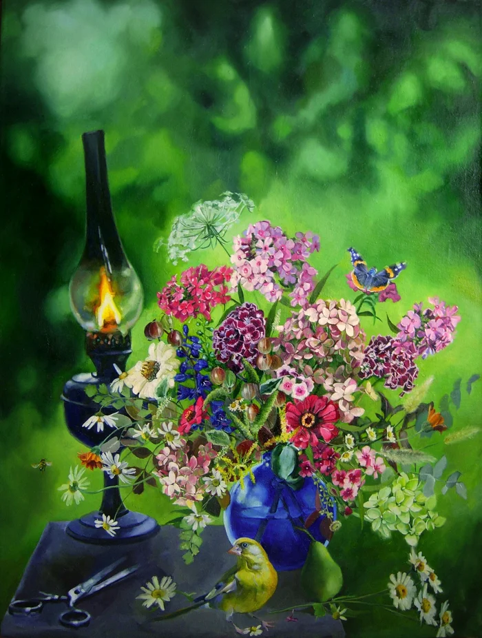 Post #12128471 - My, Still life, Painting, Flowers, Summer, Creation, Oil painting, Birds, Drawing, Art