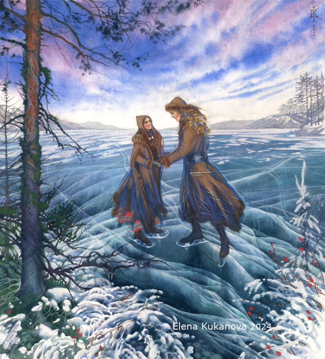 Post #12133565 - My, Traditional art, Illustrations, Tolkien's Legendarium, Graphics, Fantasy, Winter, Skates, Watercolor, Artist, Elves, Ice, Story